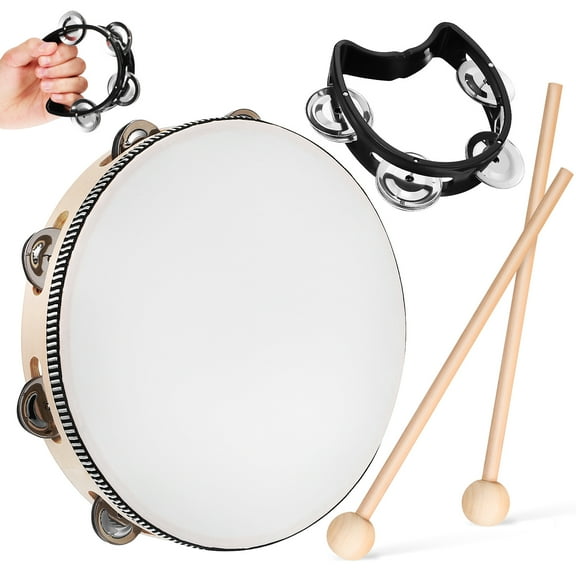 Monyance Hand Drum Wooden Handheld Tambourines with Jingle Bells for Adults - Black(10.04X10.04X1.97Inches)