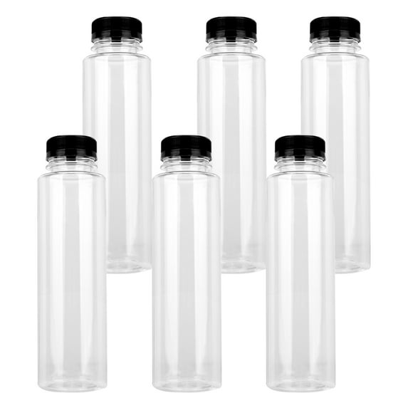 6pcs 360ml Food Grade Plastic Beverage Bottles Empty with Black Lids for Drinks Juice Jars Transparent
