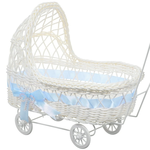 Monyance baby shower gift basket NUOBESTY Mini Baby Doll Stroller Wicker Flower Basket Decoration Sky-Blue(14.57X11.42X6.69Inches)