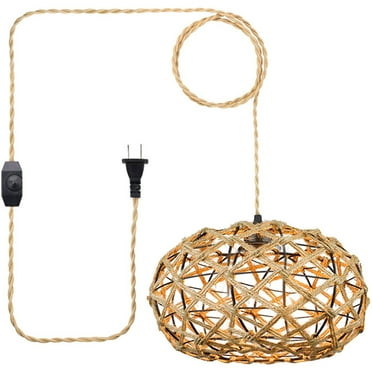 Monyance hanging lights with plug in cord Rattan Pendant Light with Switch for Farmhouse - US Plug(11.81X11.81X5.91Inches)