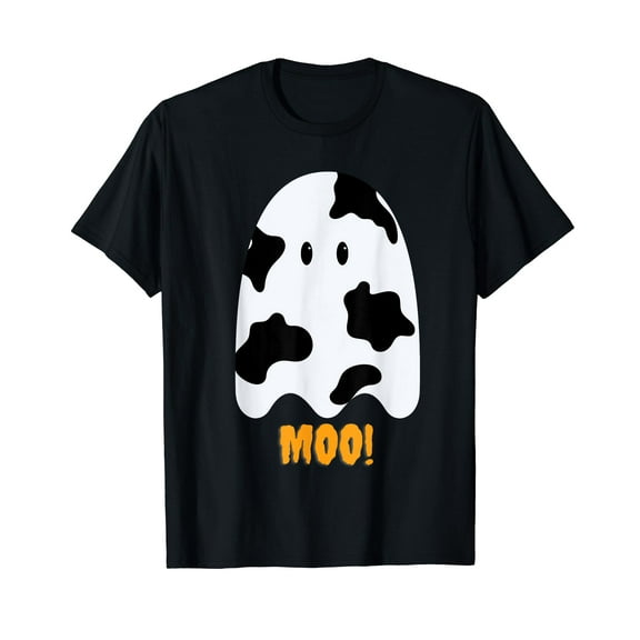 Moo! Cute Funny Cow Print Ghost Halloween Tee T-Shirt Black Tee