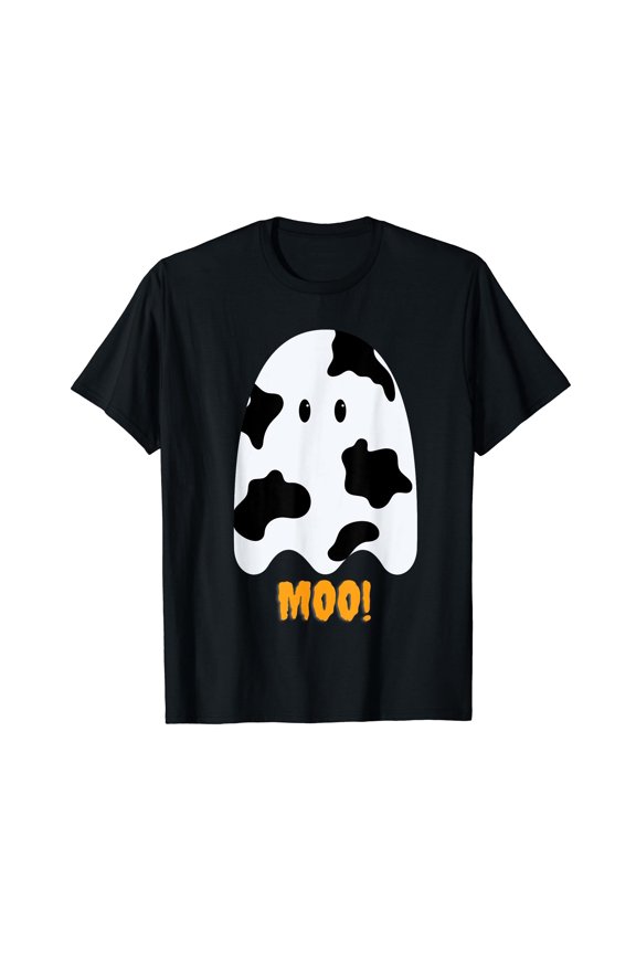 Moo! Cute Funny Cow Print Ghost Halloween Tee T-Shirt Black Tee