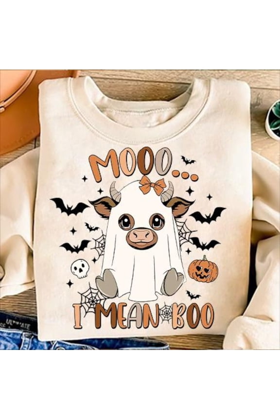 Moo I Mean Boo Cow Halloween Sweater, Funny Ghost Highland Cow Western Spooky Sweatshirt