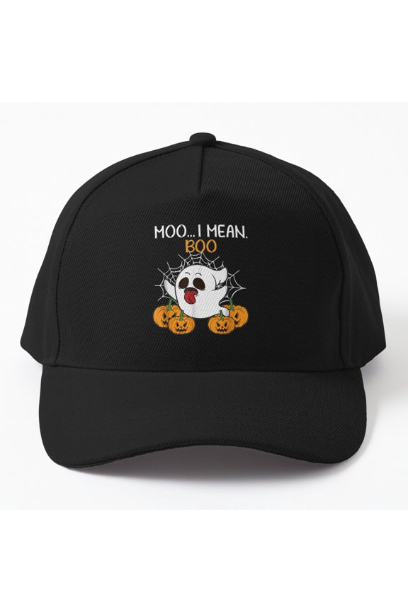 Moo I Mean Boo Ghost Cow Baseball Cap, Spooky Farmer Holiday Graphic Design, Classic Hat