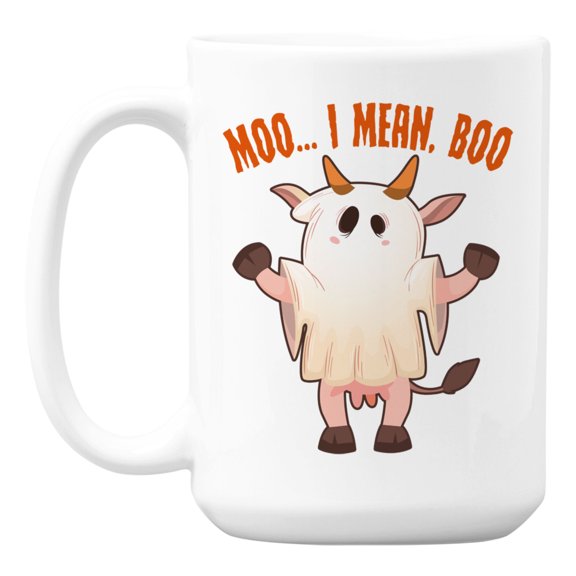 Moo, I Mean Boo, Halloween Cow Ghost Jokes White Ceramic Coffee & Tea Mug (15oz)