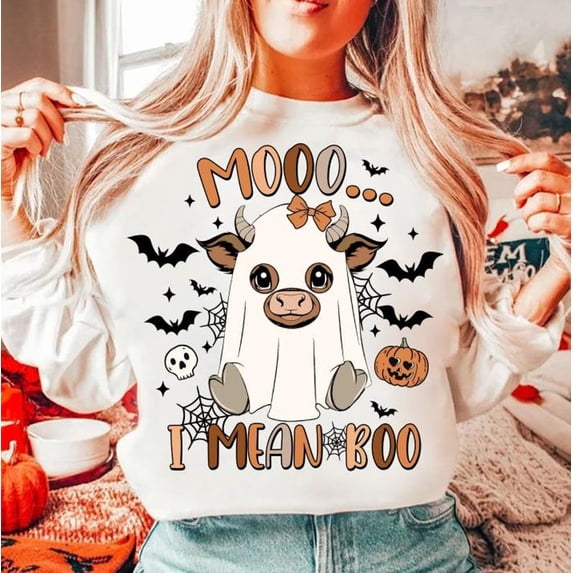 Moo I Mean Boo Halloween Sweatshirt, Funny Ghost Cow Shirt, Highland Cow Spooky Season SWEAT Sweatshirt, Western Farmhouse Fall Graphic Top BO120729