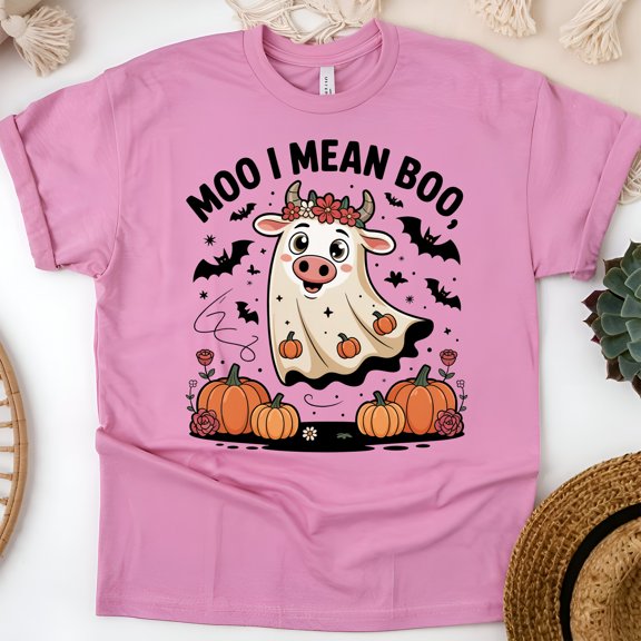 Moo I Mean Boo T-Shirt | Cute Cow Ghost Halloween Pumpkin Tee, Azalea, Size XL