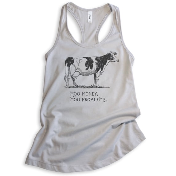 Moo Money Moo Problems Cow Tank Top, Ladies Racerback Tank Top, Farm Animal Tank, Cute Cow Tank, Silver Gray, X-Large
