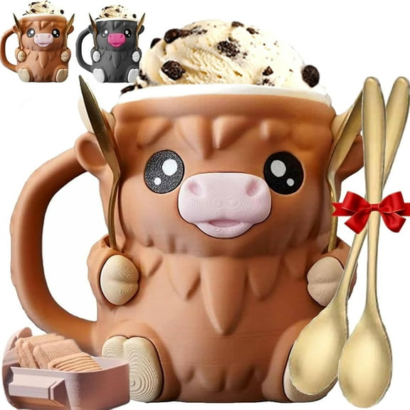 Moo Mug Ice Cream Holder, 2025 3D Printed Moo Mug with Handle & Spoon, Fits 1 Pint Cup, Cute Animal Cozy Keeps Ice Cream Cold, Fun Dessert Gift for Cow Lovers & Office Use (Brown)