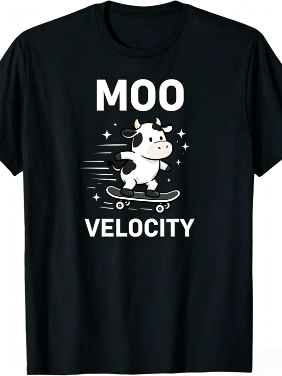 Moo Velocity Funny Skateboarding Cow Graphic T-Shirt, Cute Farm Animal Pun Humor Cow Lover Short Sleeve Tee