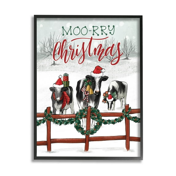 Moo-rry Christmas Holiday Snowy Cows Holiday Graphic Art Black Framed Art Print Wall Art