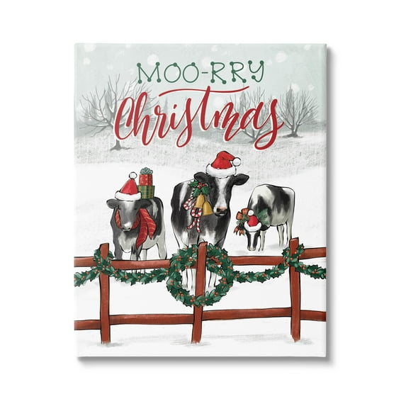 Moo-rry Christmas Holiday Snowy Cows Holiday Graphic Art Gallery Wrapped Canvas Print Wall Art