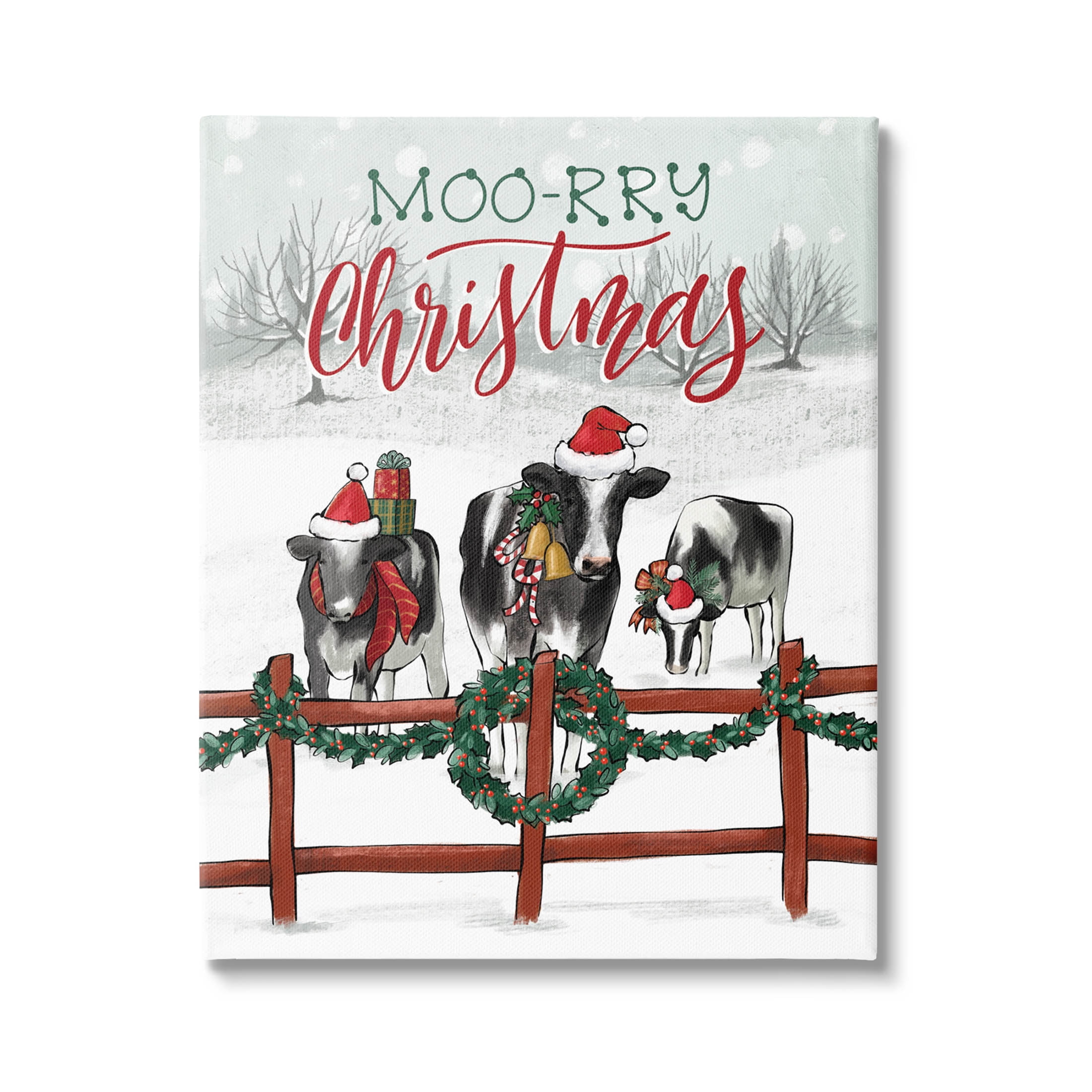 Moo-rry Christmas Holiday Snowy Cows Holiday Graphic Art Gallery Wrapped Canvas Print Wall Art