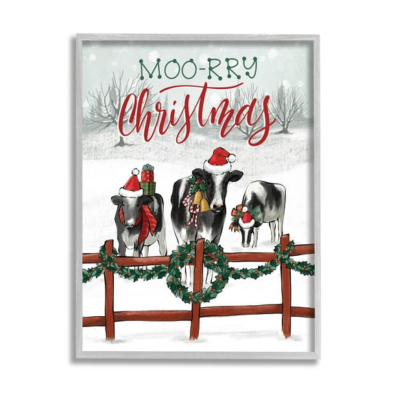 Moo-rry Christmas Holiday Snowy Cows Holiday Graphic Art Gray Framed Art Print Wall Art