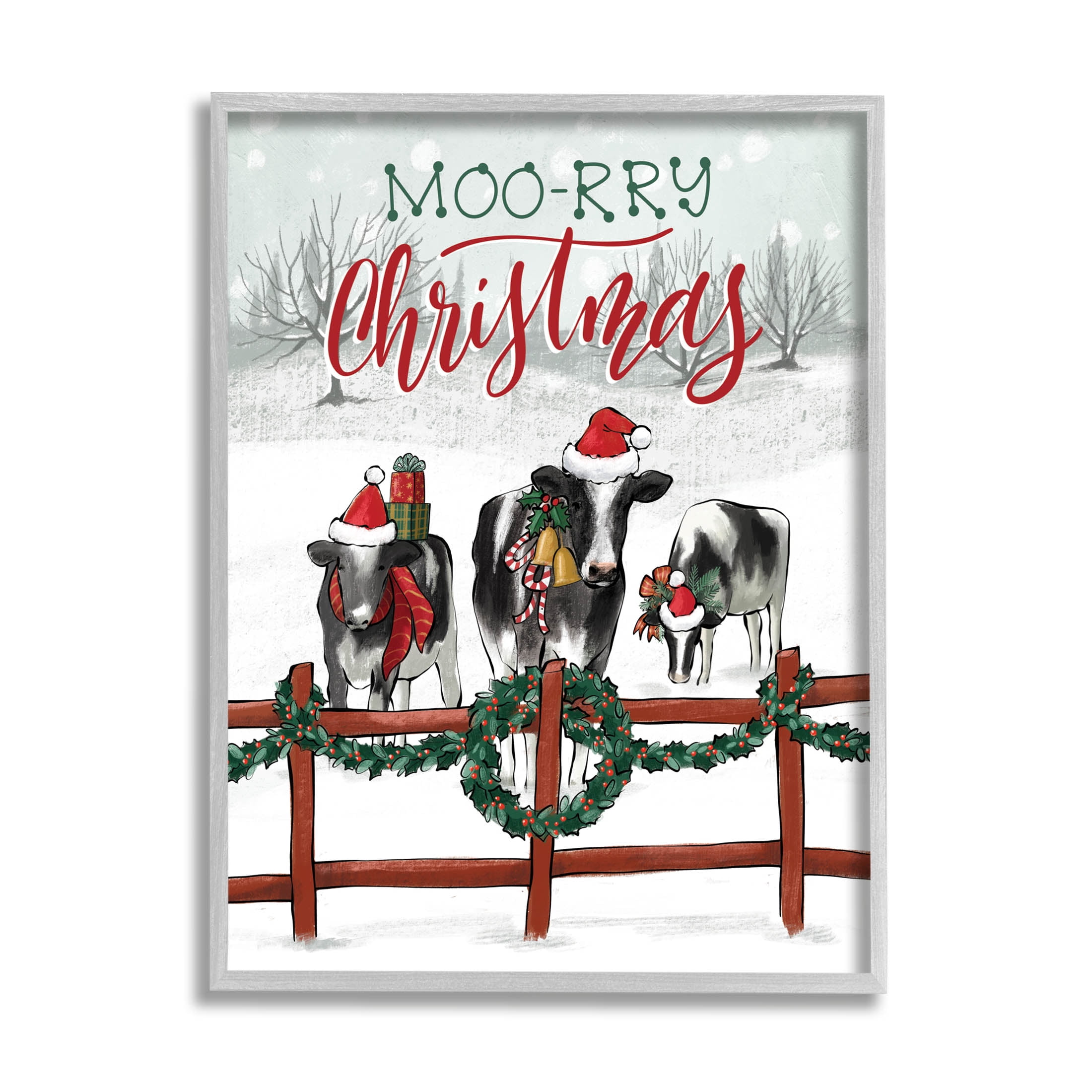Moo-rry Christmas Holiday Snowy Cows Holiday Graphic Art Gray Framed Art Print Wall Art