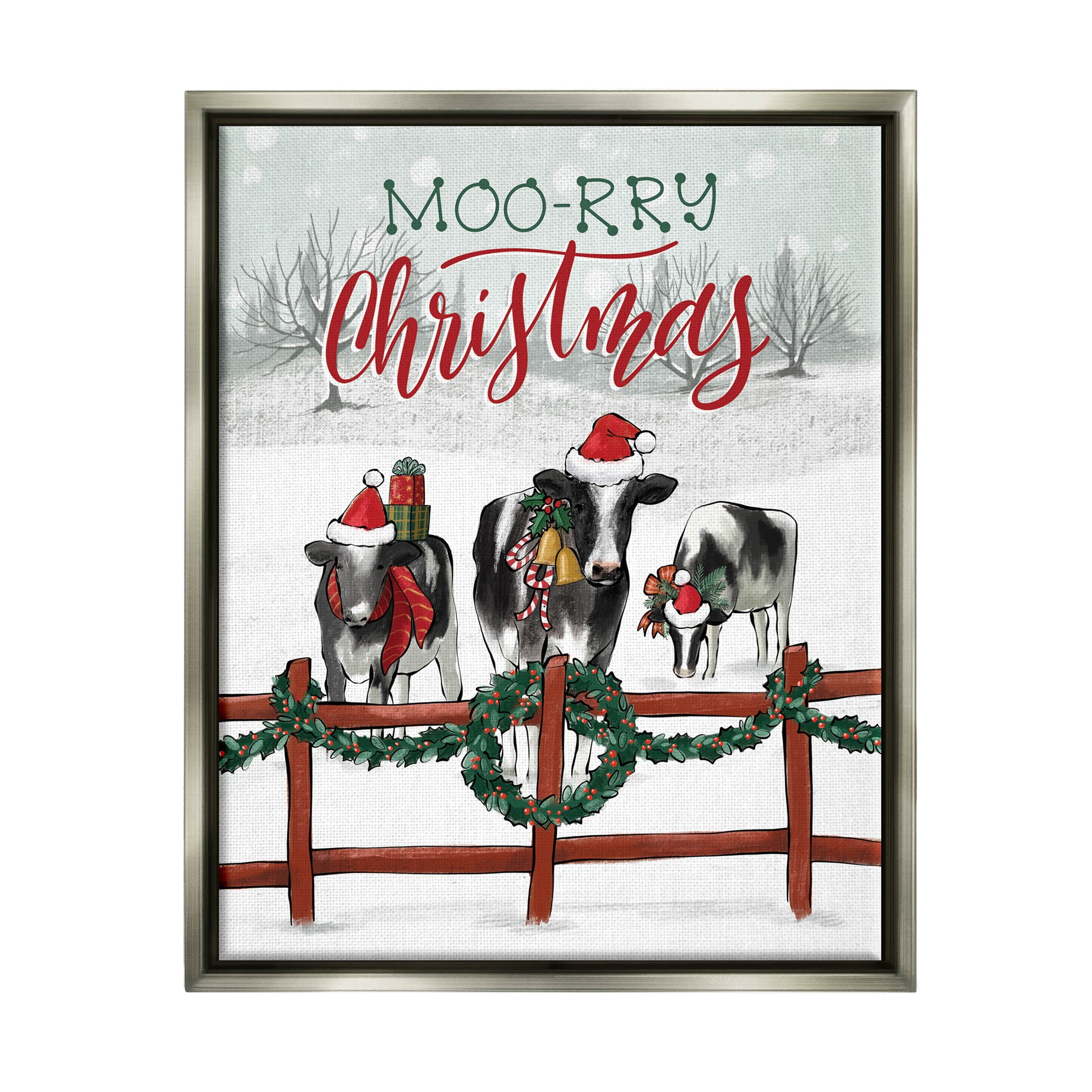 Moo-rry Christmas Holiday Snowy Cows Holiday Graphic Art Luster Gray Framed Art Print Wall Art