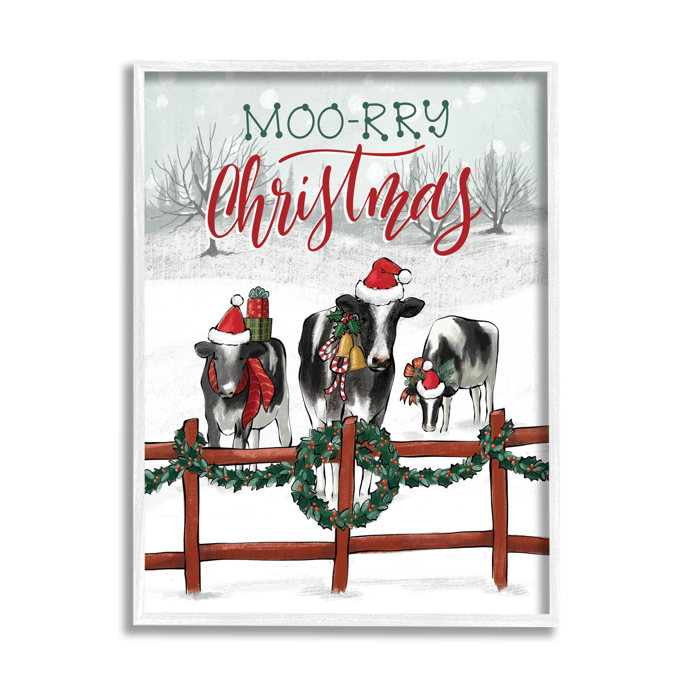 Moo-rry Christmas Holiday Snowy Cows Holiday Graphic Art White Framed Art Print Wall Art