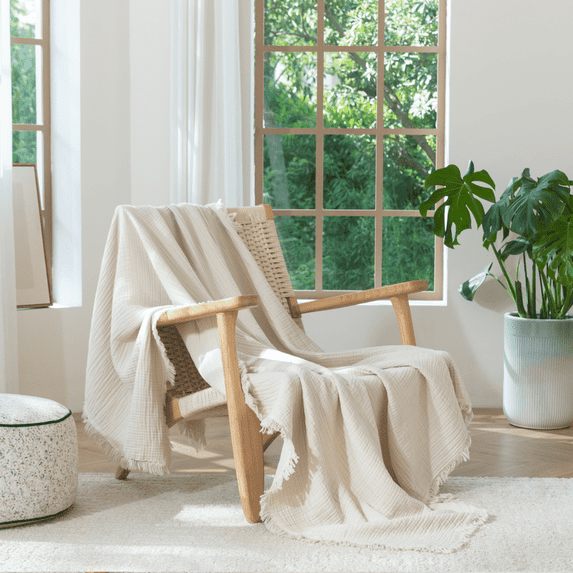MooMee Throw Blanket 100% Cotton 4-Layer Gauze All-Around Fringe Ultra-Soft Breathable Lightweight (Beige, Queen 90" x 90")