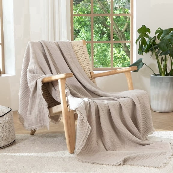 MooMee Throw Blanket 100% Cotton 4-Layer Gauze All-Around Fringe Ultra-Soft Breathable Lightweight (Cream Grey, Queen 90" x 90")