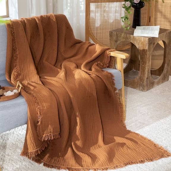 MooMee Throw Blanket 100% Cotton 4-Layer Gauze All-Around Fringe Ultra-Soft Breathable Lightweight (Drak Orange, Queen 90" x 90")