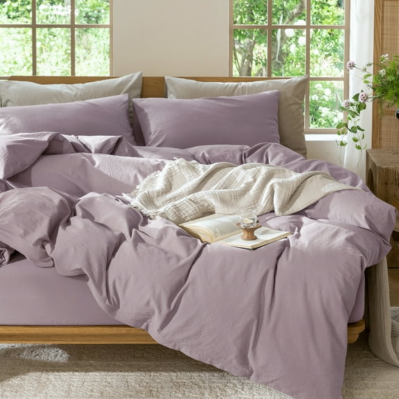 MooMee 100% Washed Cotton Duvet Cover Set Cal-King Linen Like Textured Breathable Lightweight 3-Piece (Taro Purple, 104"x98")