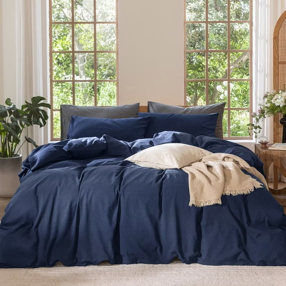 MooMee 100% Washed Cotton Duvet Cover Set King Size Linen Like Textured Breathable Lightweight 3-Piece (Solid Navy, 104"x90")