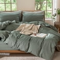 thumbnail image 1 of MooMee 100% Washed Cotton Duvet Cover Set Oversized King Linen Like Textured Breathable 3-Piece (Heathered Green, 120" x 98"), 1 of 8
