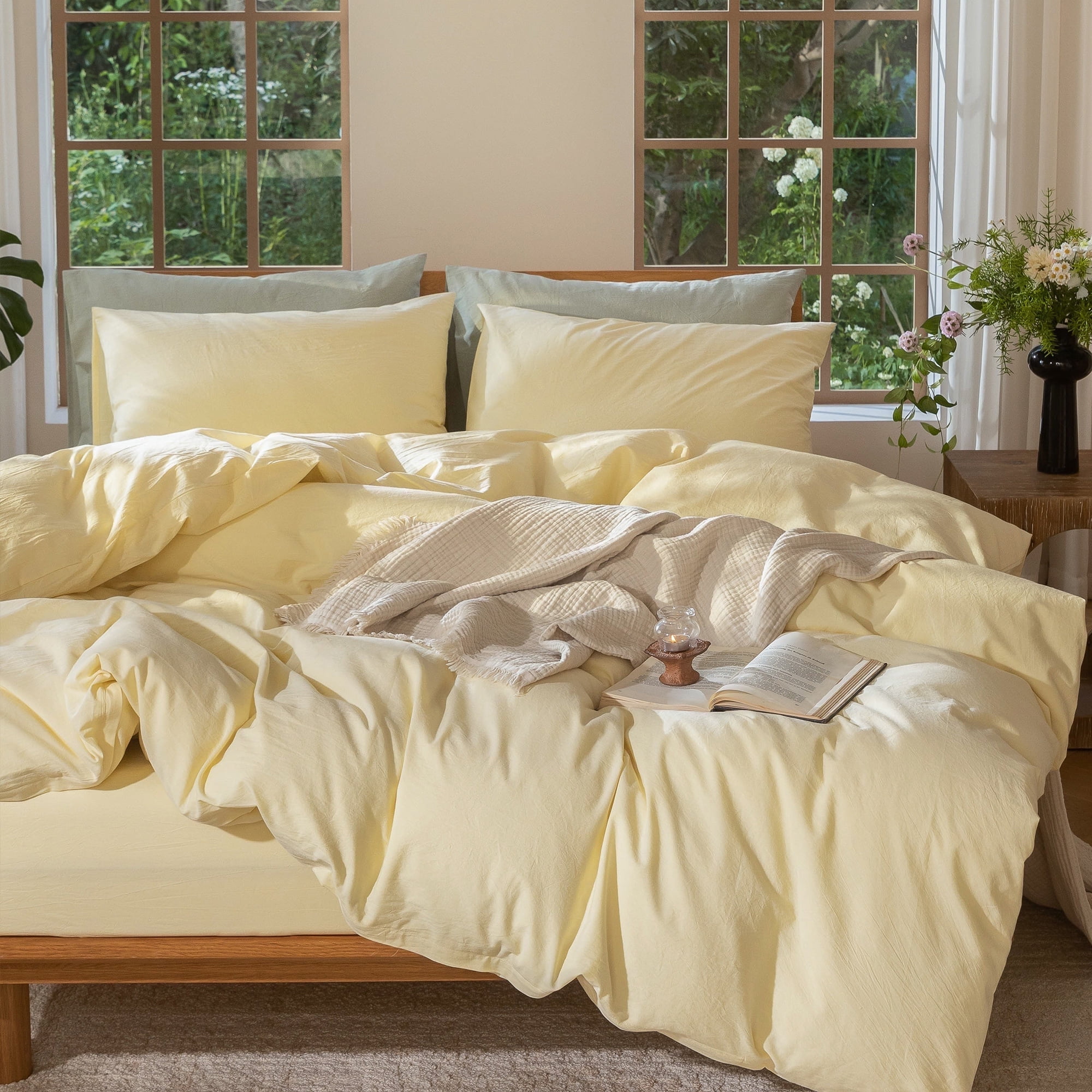 MooMee 100% Washed Cotton Duvet Cover Set Queen Linen Like Textured Breathable Lightweight 3-Piece (Butter Yellow, 90"x90")