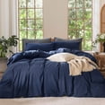 thumbnail image 1 of MooMee 100% Washed Cotton Duvet Cover Set Queen Size Linen Like Textured Breathable Lightweight 3-Piece (Solid Navy, 90"x90"), 1 of 7