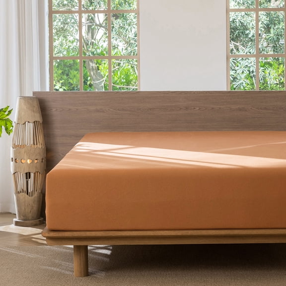 MooMee 100% Washed Cotton King Fitted Sheet Only Linen Like Textured Extra-Deep Pocket Breathable Soft 1-Piece(Burnt Orange, 78" x 80")