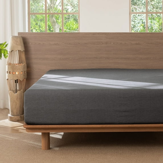 MooMee 100% Washed Cotton King Fitted Sheet Only Linen Like Textured Extra-Deep Pocket Breathable Soft 1-Piece(Dark Grey, 78"x80")