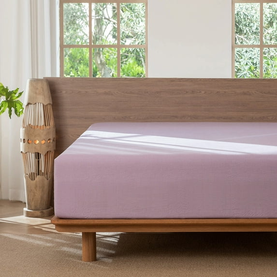 MooMee 100% Washed Cotton King Fitted Sheet Only Linen Like Textured Extra-Deep Pocket Breathable Soft 1-Piece(Light Purple)