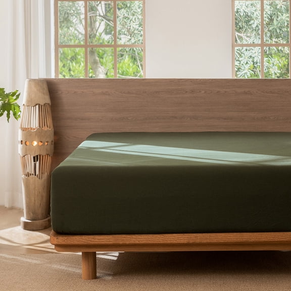 MooMee 100% Washed Cotton King Fitted Sheet Only Linen Like Textured Extra-Deep Pocket Breathable Soft 1-Piece (Olive Green, 78"x80")