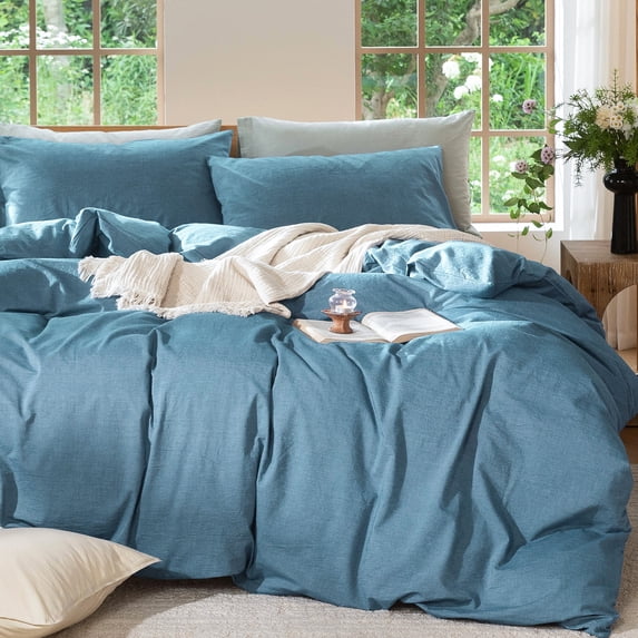 MooMee Duvet Cover Set Oversized King 100% Washed CottonLinen Like Textured Breathable Lightweight 3-Piece (Peacock Blue, 120"x98")