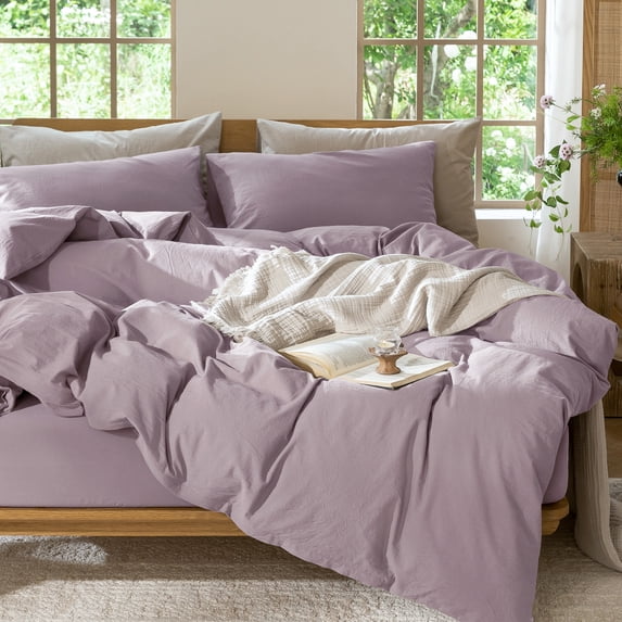 MooMee 100% Washed Cotton Duvet Cover Set Oversized King Linen Like Textured Breathable Lightweight 3-Piece (Taro Purple, 120"x98")