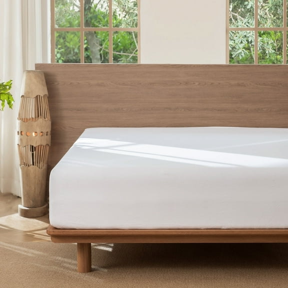 MooMee 100% Washed Cotton Queen Fitted Sheet Only Linen Like Textured Extra-Deep Pocket Breathable Soft 1-Piece(Bright White, 60"x80")
