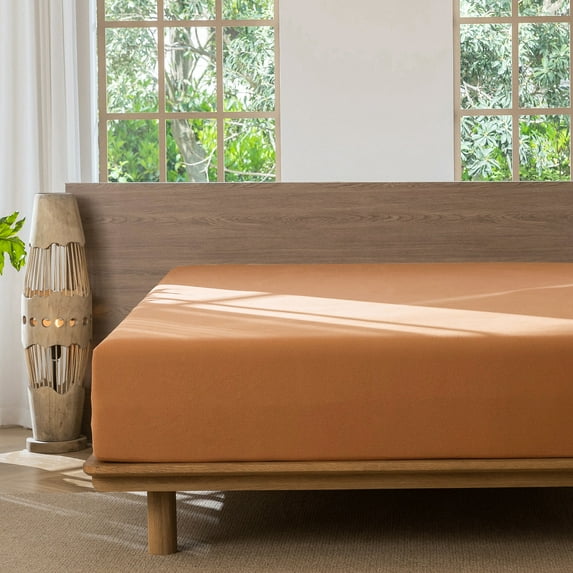MooMee 100% Washed Cotton Queen Fitted Sheet Only Linen Like Textured Extra-Deep Pocket Breathable Soft 1-Piece(Burnt Orange, 60" x 80")