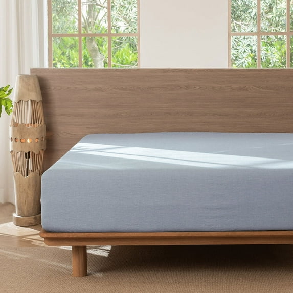 MooMee 100% Washed Cotton Queen Fitted Sheet Only Linen Like Textured Extra-Deep Pocket Breathable Soft 1-Piece(Cornflower Blue, 60"x80")