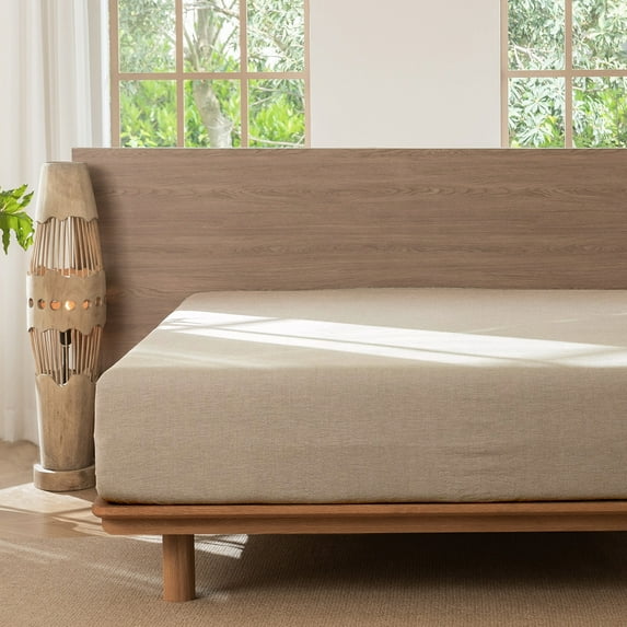 MooMee 100% Washed Cotton Queen Fitted Sheet Only Linen Like Textured Extra-Deep Pocket Breathable Soft 1-Piece(Taupe, 60"x80")