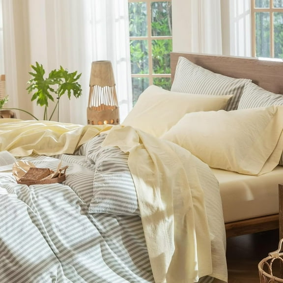 MooMee 100% Washed Cotton Sheet Set Cal-King Linen Like Textured Breathable Durable Soft Comfy 4pcs (Butter Yellow)