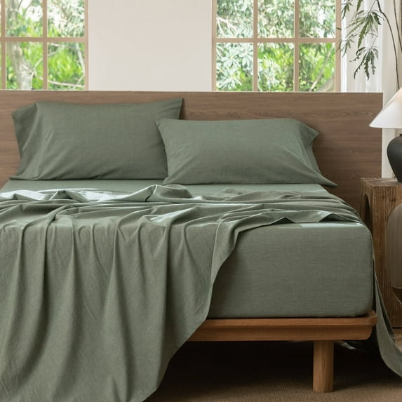 MooMee 100% Washed Cotton Sheet Set Full Linen Like Textured Breathable Durable Soft Comfy 4pcs (Heathered Green)