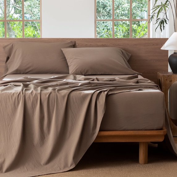 MooMee 100% Washed Cotton Sheet Set King Linen Like Textured Breathable Durable Soft Comfy 4pcs (Brown)