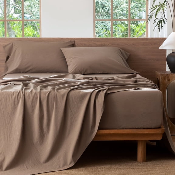 MooMee 100% Washed Cotton Sheet Set King Linen Like Textured Breathable Durable Soft Comfy 4pcs (Brown)