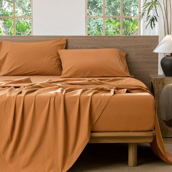MooMee 100% Washed Cotton Sheet Set King Linen Like Textured Breathable Durable Soft Comfy 4pcs (Burnt Orange)