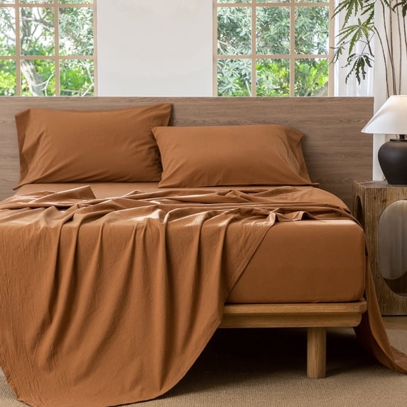 MooMee 100% Washed Cotton Sheet Set King Linen Like Textured Breathable Durable Soft Comfy 4pcs (Dark Orange)