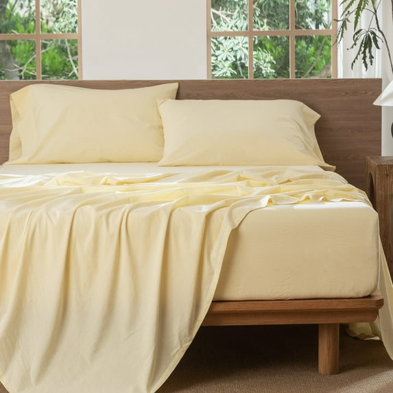 MooMee 100% Washed Cotton Sheet Set King Linen Like Textured Breathable Durable Soft Comfy 4pcs (Butter Yellow)