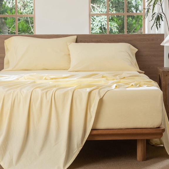 MooMee 100% Washed Cotton Sheet Set King Linen Like Textured Breathable Durable Soft Comfy 4pcs (Butter Yellow)