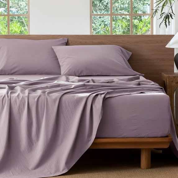 MooMee 100% Washed Cotton Sheet Set King Linen Like Textured Breathable Durable Soft Comfy 4pcs (Taro Purple)
