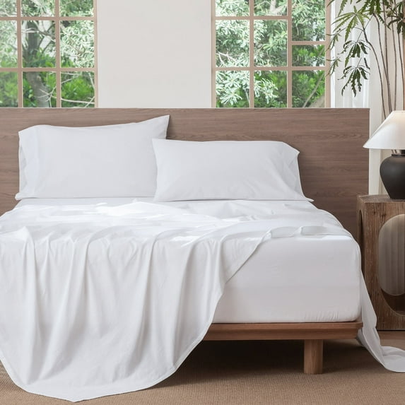 MooMee 100% Washed Cotton Sheet Set Queen Linen Like Textured Breathable Durable Soft Comfy 4pcs (Bright White)
