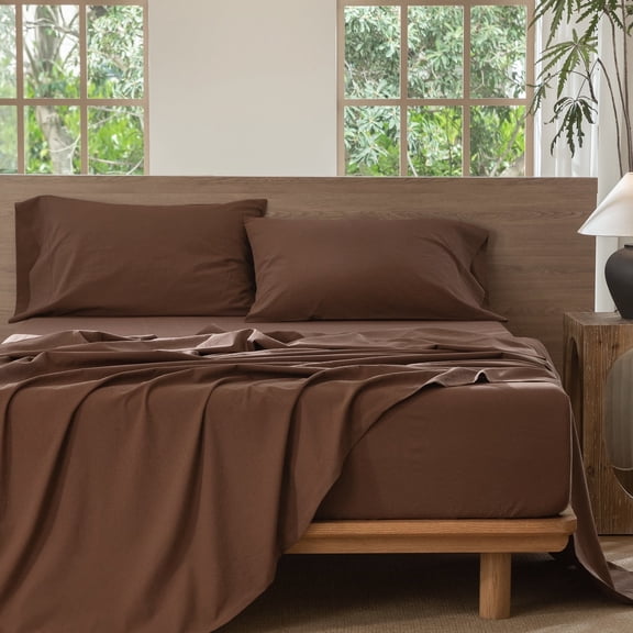 MooMee 100% Washed Cotton Sheet Set Queen Linen Like Textured Breathable Durable Soft Comfy 4pcs (Cocoa Brown)